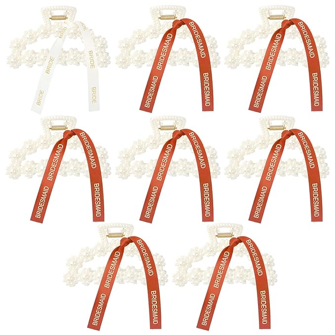 DEEKA Bridesmaid Proposal Gifts 8 Pack Pearl Bridesmaid Hair Claw Clips with Ribbon 3 Inch Hair Clips Bachelorette Party Favors Bridal Party Present Hair Accessories (Half Circle White&Orange)