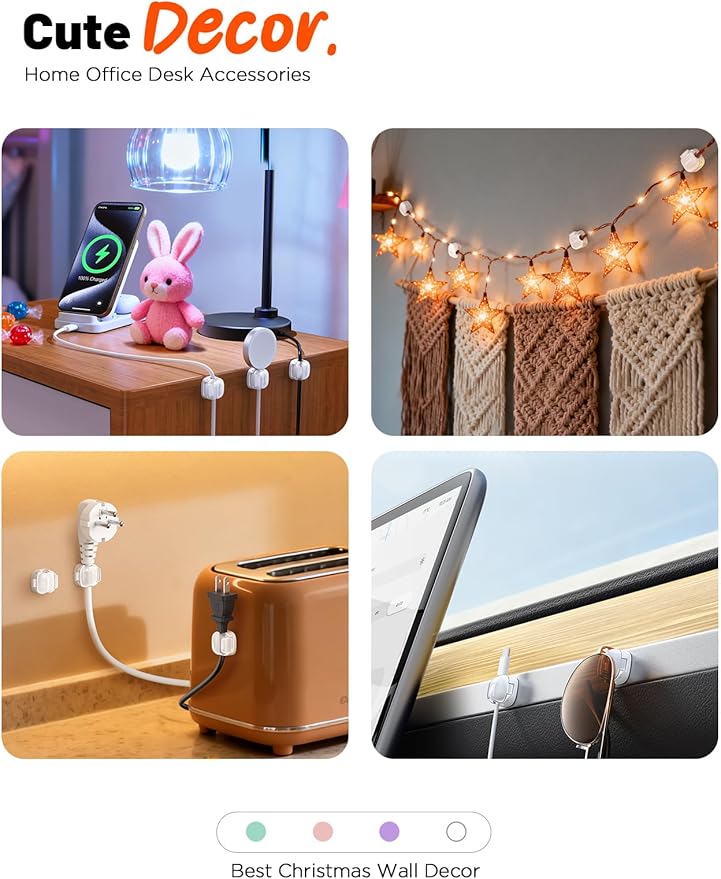 Cable Clips,8 Pack Cord Holder Cord Organizer [1s Lock & Strongest Adhesive] Spring Cord Clips Phone Charger Wire Desk Cable Management Nightstand Home Office School Decor Women Desk Accessories White