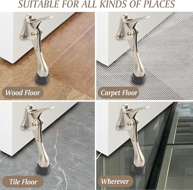 Kickdown Door Stopper 4 Inches - 4 Packs One Touch Adjustable Height Door Stop for The Bottom of Door The Bottom of Door Aluminum Alloy Metal Door Stopper with Rubber Tip White