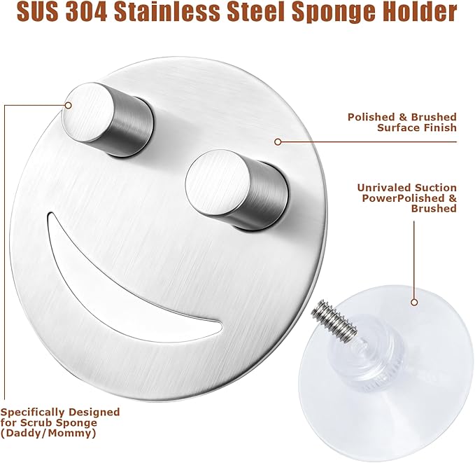 Cute Sponge Holder for Kitchen Sink, Stainless Steel Smiley Face Sink Sponge Holder with Suction Cup, Rustproof Sink Caddy Compatible with Scrub Daddy Sponges, 1Pcs