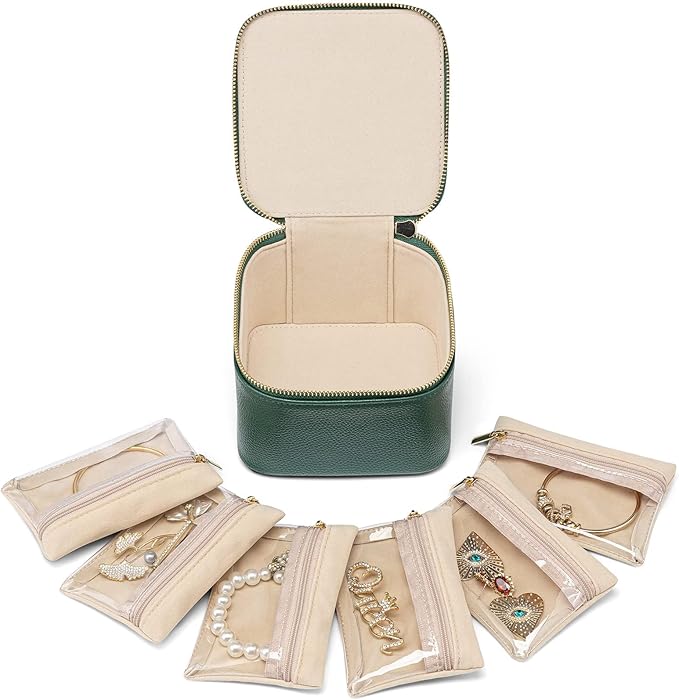 Vlando Jewelry Travel Case, Travel Jewelry Organizer with Clear Velvet Jewelry Bags 6Pcs Zipper Pouch for Women Girl Christmas Wedding Gift-Green