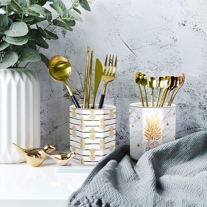 WAVEYU Pen Holder, Pencil Holder for Desk Pineapple Pattern Pencil Cup for Girls Kids Durable Ceramic Desk Organizer Makeup Brush Holder for Office, Classroom, Home, Yellow Pineapple