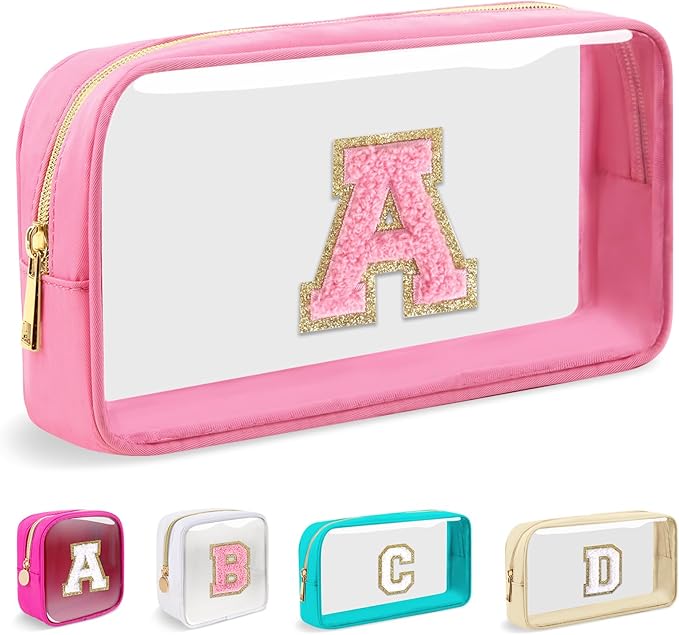 Small Clear Personalized Initial Makeup Bag,Nylon Preppy A-Z Chenille Letter Patch Cosmetic Pouch Beach Toiletry Bag,Waterproof Zipper Travel Purse Storage Bag Organizer for Women Girls(Pink-Pink A)