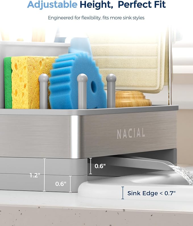Nacial Sponge Holder for Kitchen Sink, Sink Caddy Organizer with High Brush Holder & Two Towel Racks - Rustproof 304 Stainless Steel Kitchen Countertop Storage Essentials - Grey
