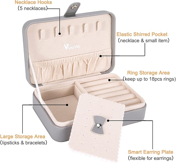 Voova Small Jewelry Organizer Box, Travel Jewelry Case for Women Teen Girls, Mini PU Leather Portable Jewellery Storage Boxes Holder with Smart Earrings Plate for Necklaces Rings Bracelets, Grey