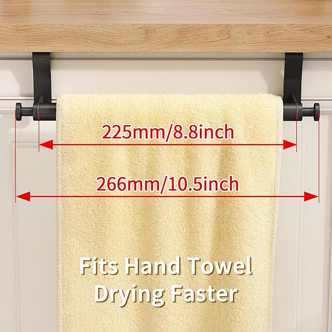 Over Cabinet Towel Holder, Stainless Steel Over The Cabinet Towel Rack Bars for Kitchen Cabinet Doors, Dish Towel Holder with Hooks, 2 Pack (Black)