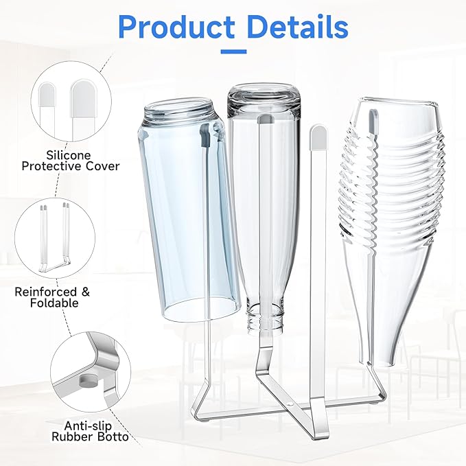 Water Bottle Drying Rack, Baby Bottle Dryer Rack, Stainless Steel Bottles Drying Rack, Collapsible Cup Rack Dryer, Kitchen Cup Storage for Travel Bottles, Reusable Bags (Silver)