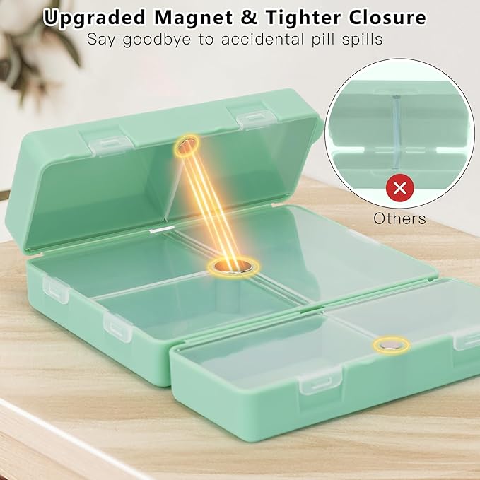 FYY 2 Pcs Daily Pill Organizer, 7 Compartments Portable Pill Case Travel Pill Organizer,[Folding Design] Pill Box for Purse Pocket to Hold Vitamins,Cod Liver Oil,Supplements and Medication-Green