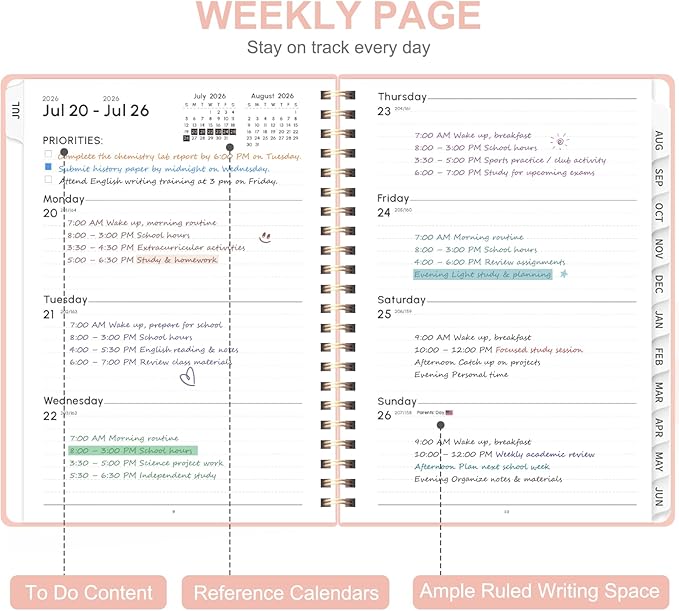 Planner 2026-2027, Weekly and Monthly Academic Year Calendar Planner, July 2026 - June 2027, Daily Agenda Book for Office School Supplies, A5(6.3'' x 8.5'')
