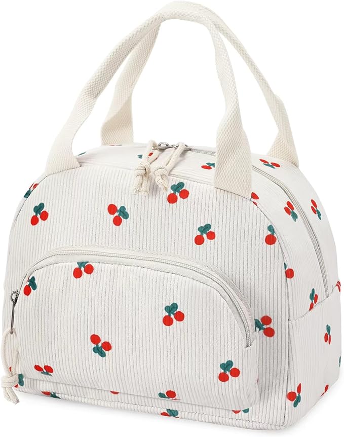 Lunch Bag Women Lunch Box for Women Adult Cute Insulated Lunch Bag Small Cooler Lunch Tote Bags for Work Picnic Travel (Beige-Cherry)