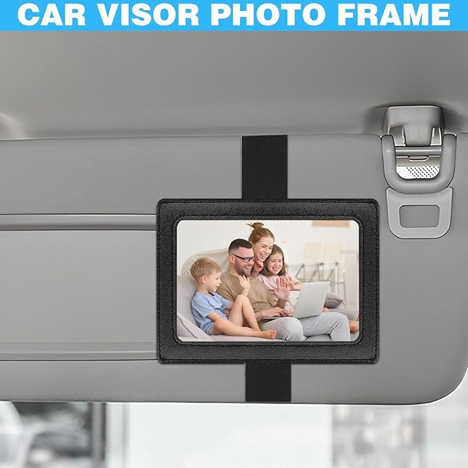 Leather Car Visor Picture Holder Photo Clip Fits 5-Inch Car Picture Frame Displays Your Photographs Sun Visor Car Photo Holder Black Both Horizontally And Vertically, Photo Car Visor Clip for Vehicle