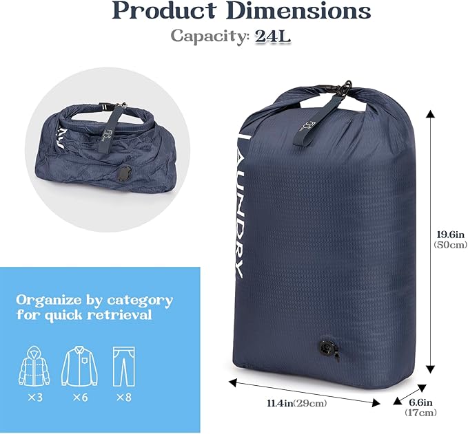 Travel Laundry Bag, Vacuum Compression Dirty Clothes Travel Bag, Waterproof Wet/Dry Space-Saving Laundry Storage Organizer, Smell Proof Storage Bag for Clothing, Swimming, Yoga, Gym, Camping