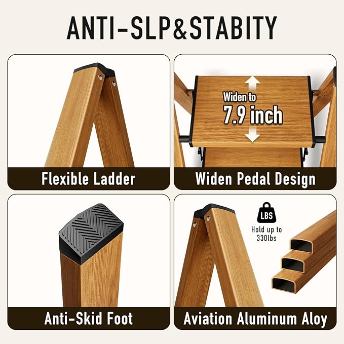 3 Step Ladder, Aluminum Folding Step Stool for Adults, Step Ladder with Wide Anti-Slip Pedal, 330 lbs Capacity for Home, Office, Kitchen, Library (Woodgrain)