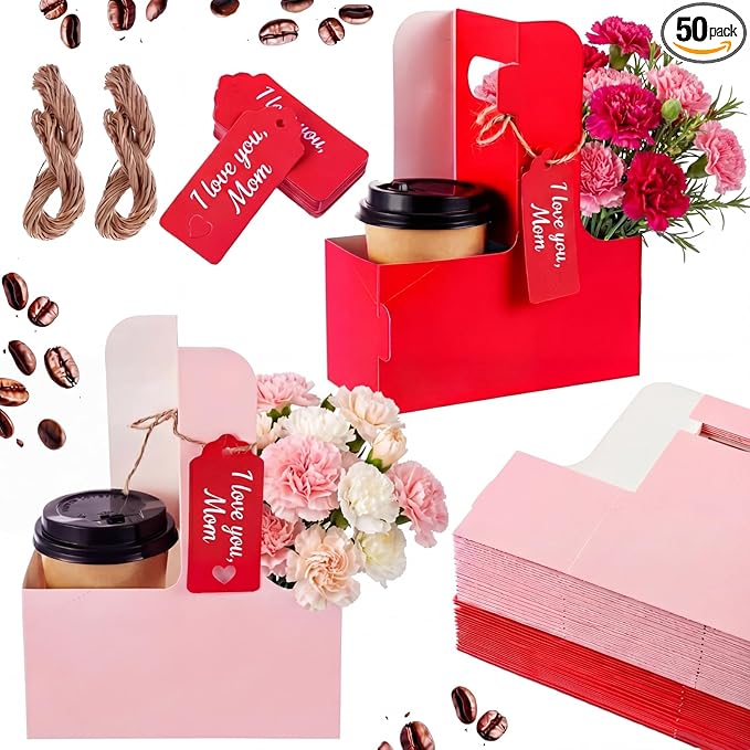 MotiMind 50 Pack Mother's Day 2 Cup Drink Carrier with Handle, Kraft Paperboard Teacher Cup Holder Portable for Hot Cold Drinks, Coffee Carrier Gift with Heart Card Rope (Red,Pink)