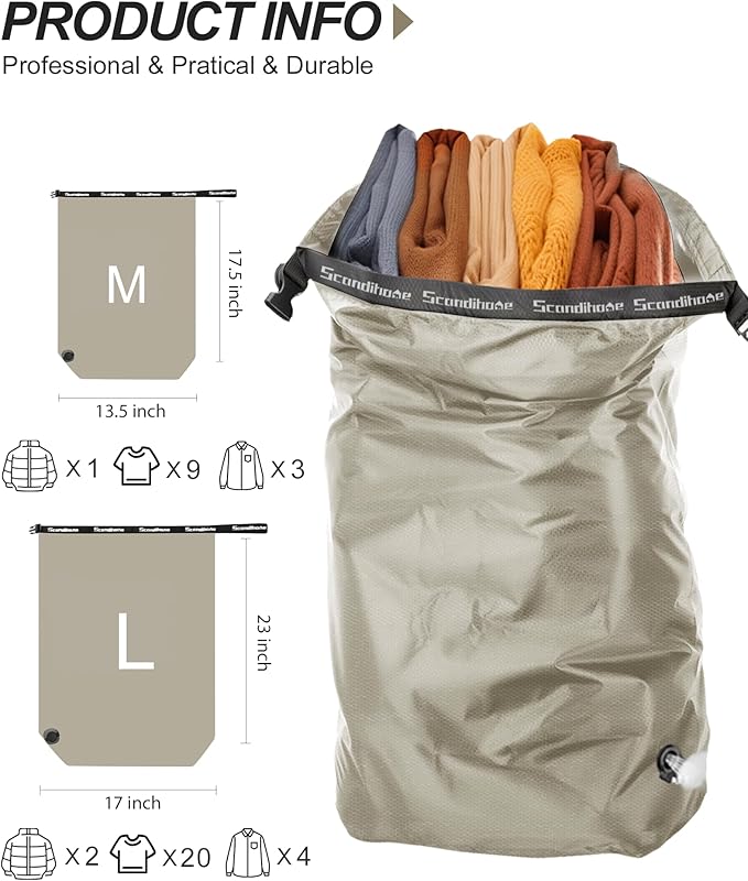Travel Laundry Bag, Pump-Free Vacuum Compression Dirty Clothes Bag, Medium Reusable Waterproof & Washable Laundry Bag, Wet and Dry Bag, Ideal for Suitcases, Laundromats (1 Pcs) Gray