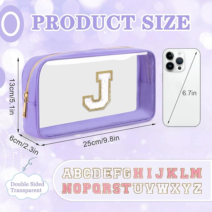 Small Clear Personalized Initial Makeup Bag,Nylon Preppy A-Z Chenille Letter Patch Cosmetic Pouch Beach Toiletry Bag,Waterproof Zip Travel Purse Storage Bag Organizer for Women Girls(Purple-White J)