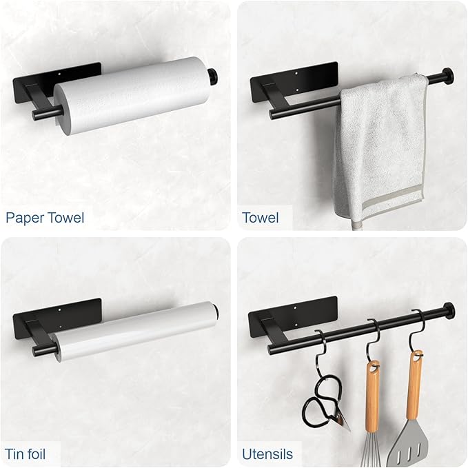 CUXIXA Paper Towel Holder Under Cabinet 2 Pack, Upgraded Self Adhesive Paper Towel Holder Wall Mount for Kitchen, Bathroom, RV, Bend-Resistant, Self-Adhesive or Drill mounting