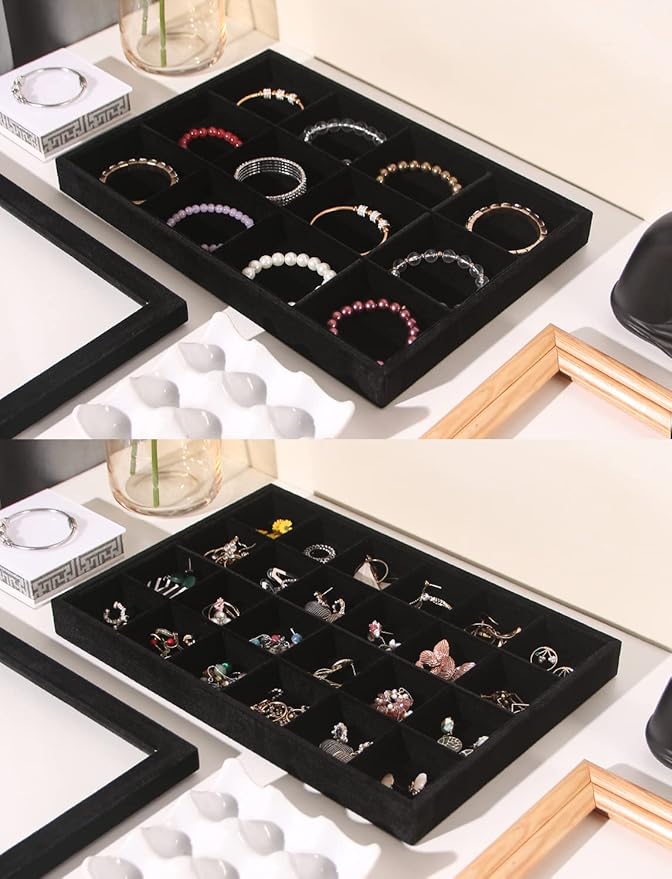 Coward Set of 5 Stackable Jewelry Organizer Tray Necklace Earring Box Storage Ring Bracelet Display Holder (Black (ring+necklace+earring+12-grid))