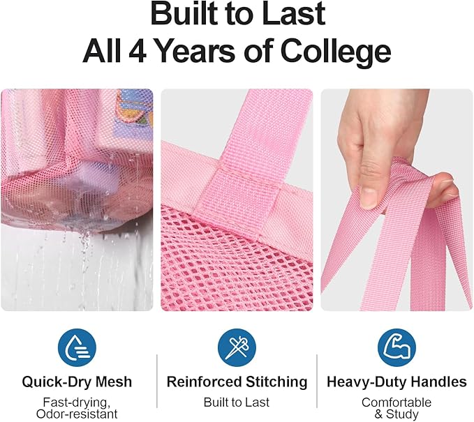 F-color Mesh Shower Caddy Portable with Drawstring - Upgrade Deeper 7 Pockets Dorm Room Essentials for Guys Girls with S Hook, Shower Bag Basket Tote for College Camping Bathroom, 2 Pack Pink