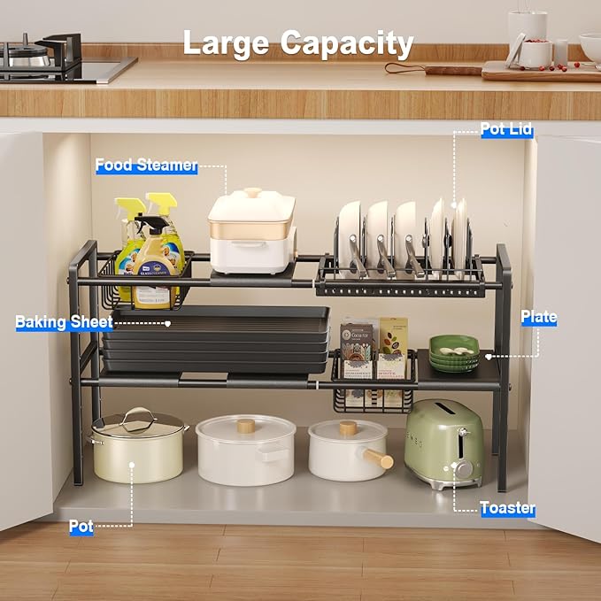 Pots and Pans Organizer Under Cabinet, Expandable 2-Tier Under Sink Organizers Storage Adjustable Height Kitchen Pot and Pan Lid Holder Rack with 6 Dividers (4 Panels, 2 Baskets, 1 Pot Rack, Black)