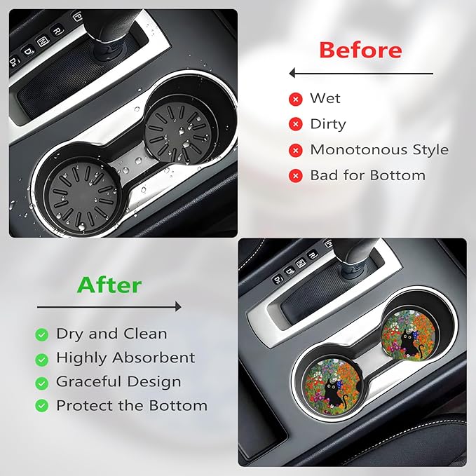 Car Cup Holder Coasters, 2 Pcs Ceramic Coasters with Cork Back and Finger Slot, Anti-Slip Shock Absorbing Women and Men Universal Car Accessories - Long-Tailed Cat
