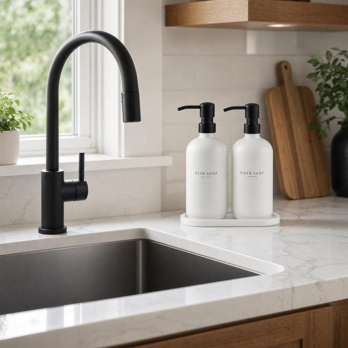 Glass Soap Dispenser - Dish Hand Soap Dispenser for Kitchen Set, Bathroom Soap Lotion Dispenser with 304 Rust Proof Pump, Tray, White Bottle/Black Pump