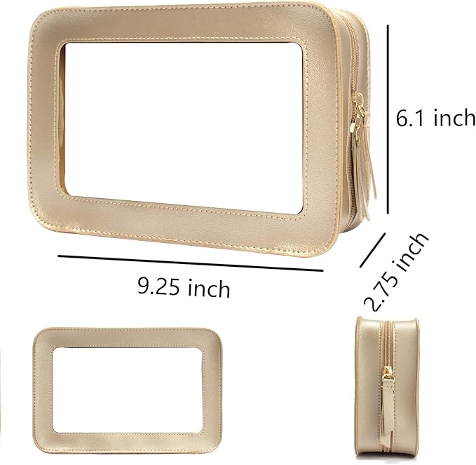 Clear Makeup Bag, Gold Travel Makeup Pouch Toiletry Bag for Women Waterproof Small Cosmetic Bag Case Small Make Up Bag with Zipper Car Organizer Car Essentials for Women Men