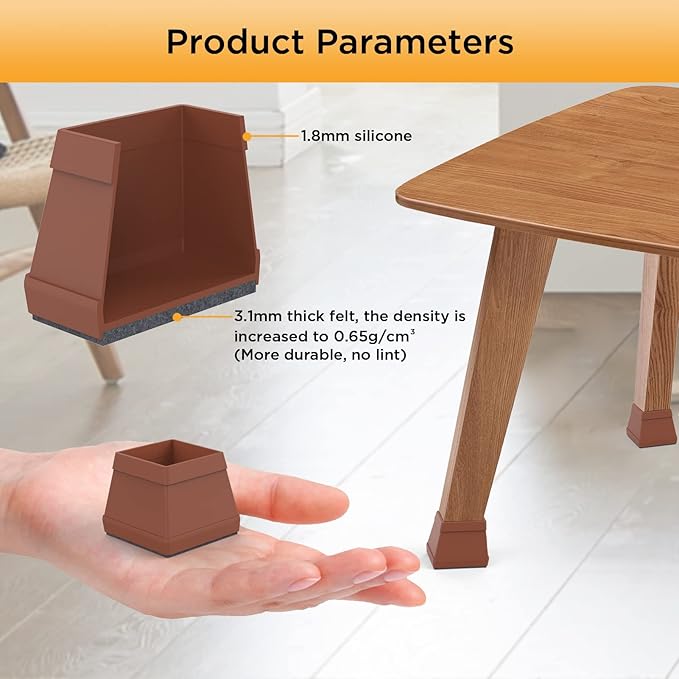 16 PCS Square Chair Leg Floor Protector, Silicone Chair Leg Cover, Furniture Leg Protectors with Felt, Mobile Table Leg pad, Protect The Floor from Scratches.1 in Brown.