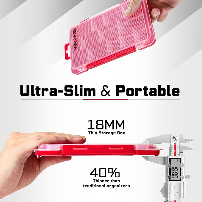 Small Flat Storage Parts Organizer, 2Pcs Red Portable Transparent Plastic Small Parts Tool Box with Removable Dividers, Screwdriver Bit Cases Storage(2 Pieces)