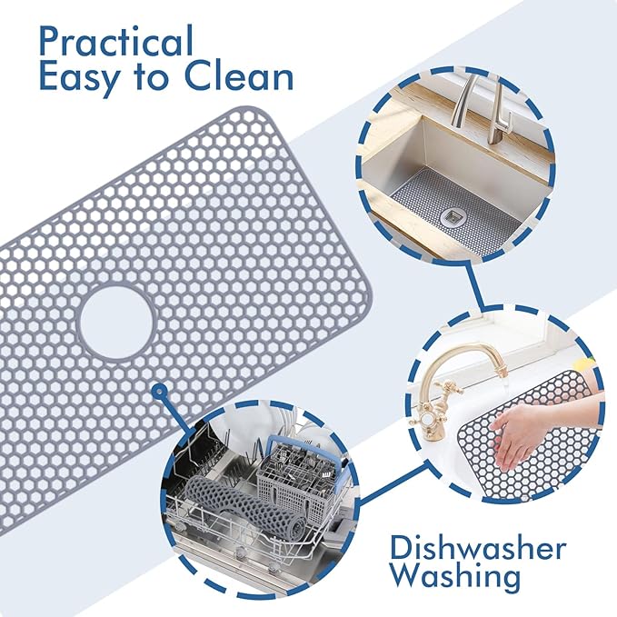 Silicone Sink Protectors for Kitchen Sink with Center Drain - 29.7"x 15.5" Kitchen Protector Accessory, Non-Slip Heat Resistant Mat for Bottom of Farmhouse Stainless Steel Porcelain (Gray)