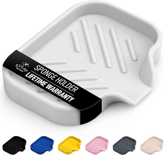 Zulay Kitchen Small Silicone Sponge Holder (4.9x3.3”) – Space-Saving Sink Organizer Tray for Sponge, Soap, Brush & More – Compact Non-Slip Dish for Kitchen & Bathroom (White)