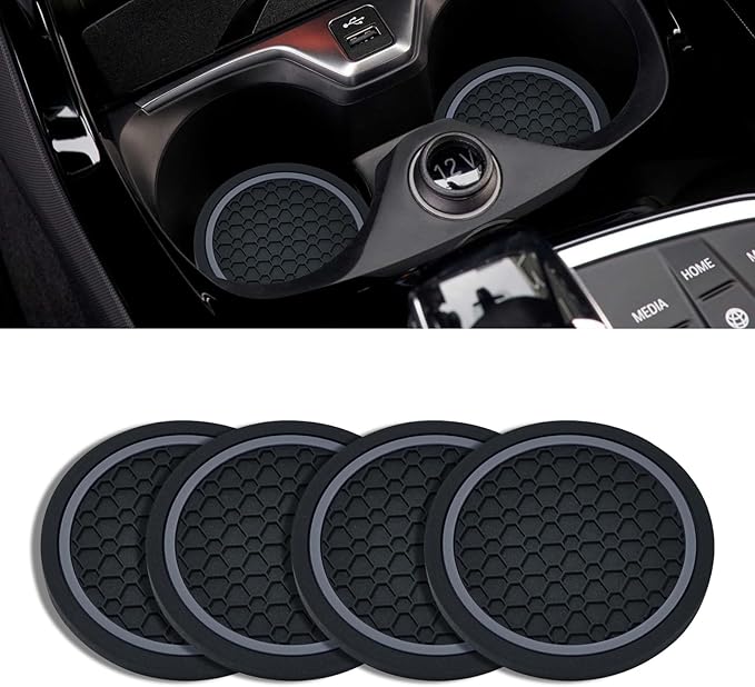 4PCS Car Cup Holder Coasters, 2.75 Inch Non-Slip Insert Cup Holder Pad, Dustproof Automotive Interior Accessories Mat, Universal for Trucks, Vehicles, RVs and More (Black/Gray)