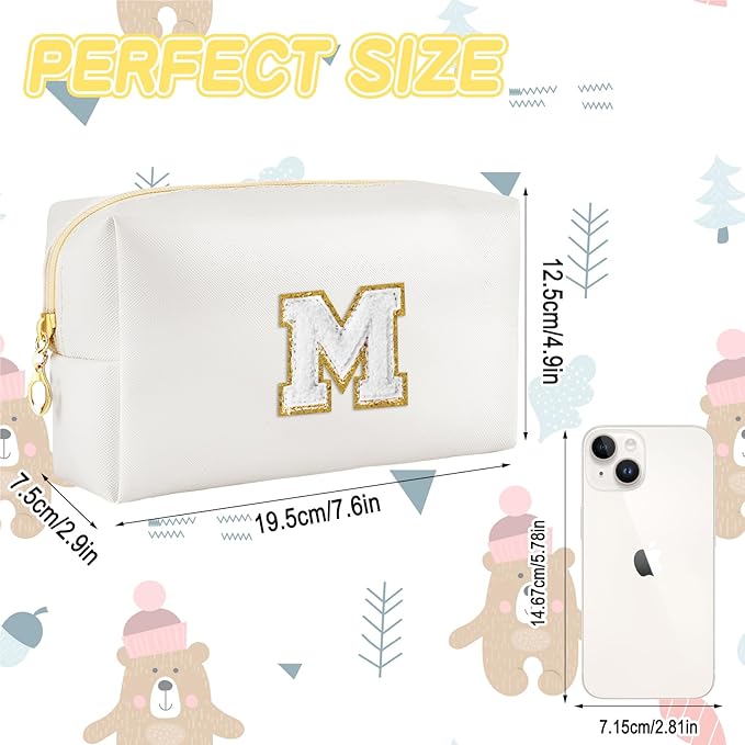 Gifts for Girls Initial Makeup Bag Personalized Cosmetic Bag with Zipper Cute Travel Toiletry Bags Waterproof PU Preppy Makeup Pouch Birthday Gift for Teen Girls Women(White M)