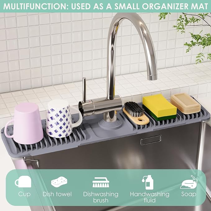 24 Inch Silicone Faucet Mat for Kitchen Sink Splash Guard - 7° Slope Water Draining Mat With Fasten Button for Bathroom Area (Dark Grey, 24''x5.5'')