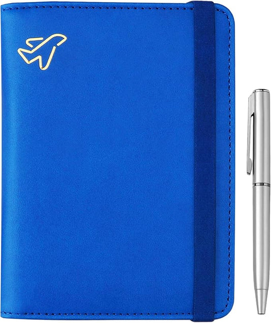 WALNEW Passport Holder for Travel, RFID Passport Cover Wallet for Women Men, PU Leather Passport Book Card Holder Case with Pen, Travelling Essentials for Flying
