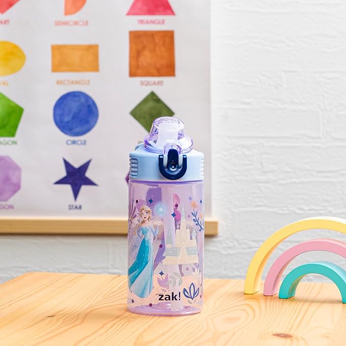 Zak Designs Disney Frozen Sage Kids Water Bottle For School or Travel, 16oz Durable Plastic Water Bottle With Straw, Handle, and Leak-Proof, Pop-Up Spout Cover (Anna, Elsa, Olaf)