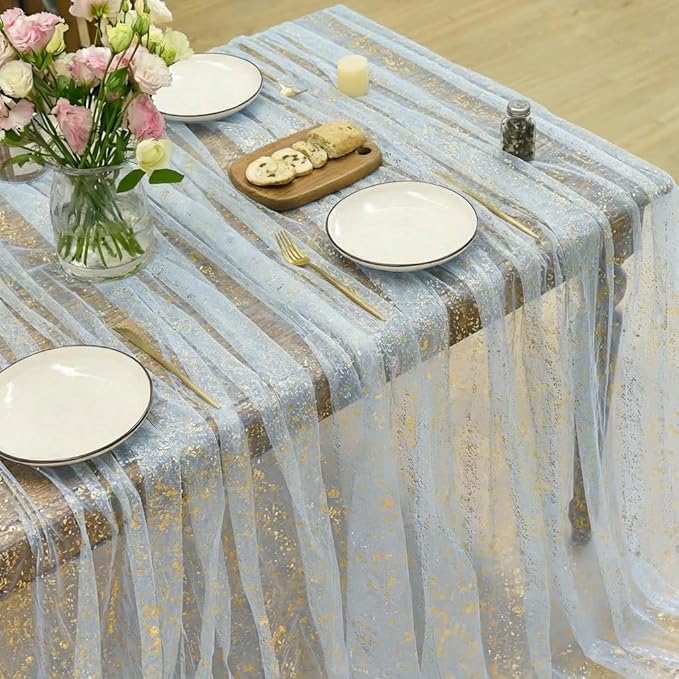 Horaldaily Blue Gold Gauze Tablecloth 52x70 Inch Rectangular, Golden Sequin Glitter Metallic Foil, Sheer Tulle Cheesecloth for Wedding Baby Shower Ceremony Birthday