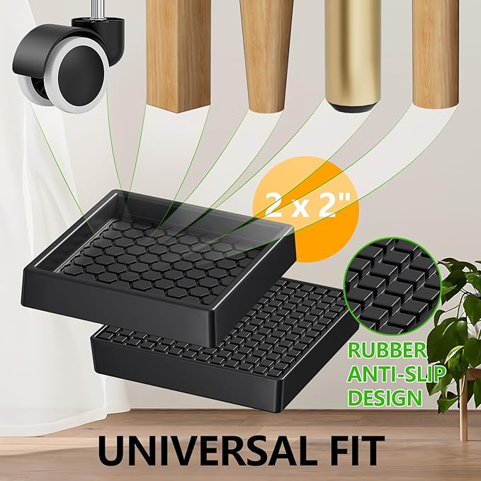 Non Slip Furniture Pads - 2x2 Anti Skid Caster Cups, 4PCS Square Furniture Coasters for Hardwood Floors, Anti Slide Furniture Cup Bed Floor Protectors, Furniture Stoppers to Prevent Sliding(Black)