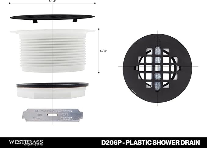 Westbrass A206P-06 2" No-Caulk PVC Compression Shower Drain with 4-1/4" Round Grid Cover, Antique Brass