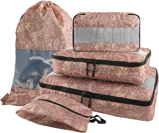 U+U 5 Set Packing Cubes for Travel Essentials Ultralight Luggage Packing Organizers with Laundry Bag and Shoe Bag for Vacation, Business Trip and Camping (Paisley Pattern)