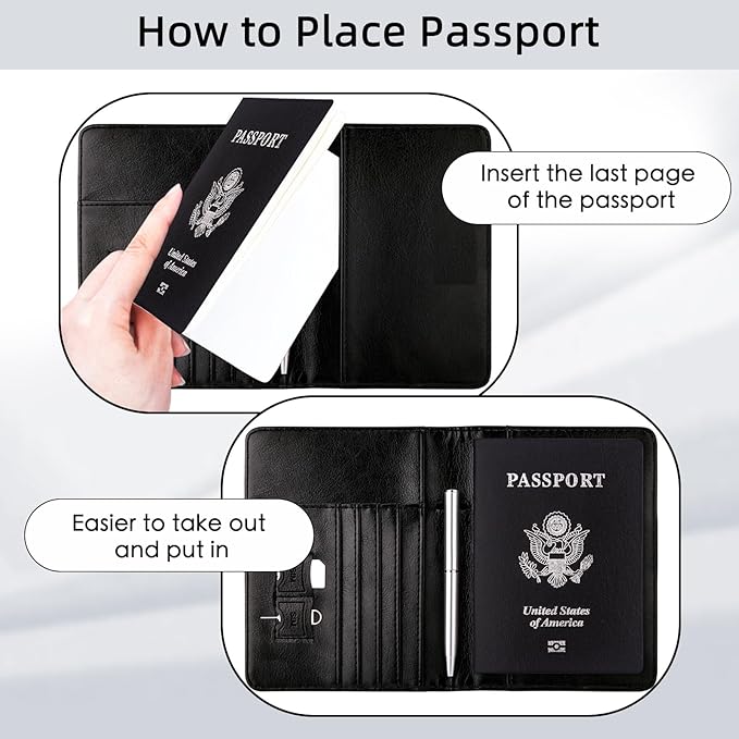 WALNEW Passport Holder for Travel, RFID Passport Cover Wallet for Women Men, PU Leather Passport Book Card Holder Case with Pen, Travelling Essentials for Flying