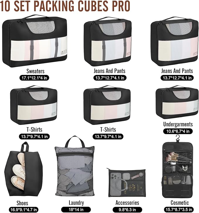 Veken 10 Set Packing Cubes for Travel Essentials, Suitcase Organizer Bags in 4 Sizes, Carry-On Luggage Accessories with Laundry & Toiletry Bag, Airplane Must-Have, Road Trip & Camping, Gifts for Men