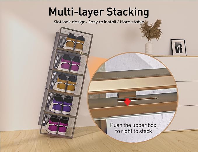 Kuject X-Large Shoe Storage Boxes Organizers for Closet 12 Pack, Fit Size 11, Clear Plastic Stackable Sneaker Containers for Entryway, Space Saving Shoe Rack, Brown