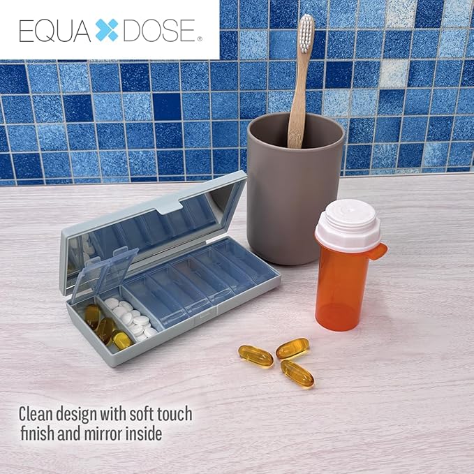 EQUADOSE Weekly Pill Case, 7-Day Medicine Organizer with Mirror, Compact Vitamin Storage Box, Pill Planner, 7 Individual Compartments for Supplements, Tablets, and Medications, Blue