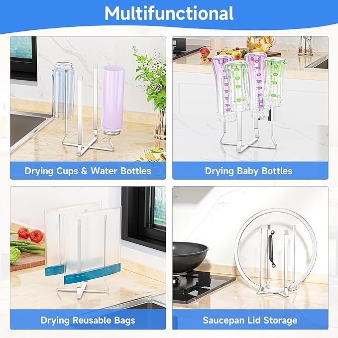 Water Bottle Drying Rack, Baby Bottle Dryer Rack, Stainless Steel Bottles Drying Rack, Collapsible Cup Rack Dryer, Kitchen Cup Storage for Travel Bottles, Reusable Bags (Silver)