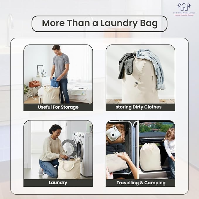 LFH Home Cotton Canvas Extra Large Laundry Bag with Handle, Stylish Drawstring Heavy Duty Laundry Bags For Travel, Home, Hotel, College Dorm and Camp Storage Bag 24x36 Inch, White, Thanksgiving