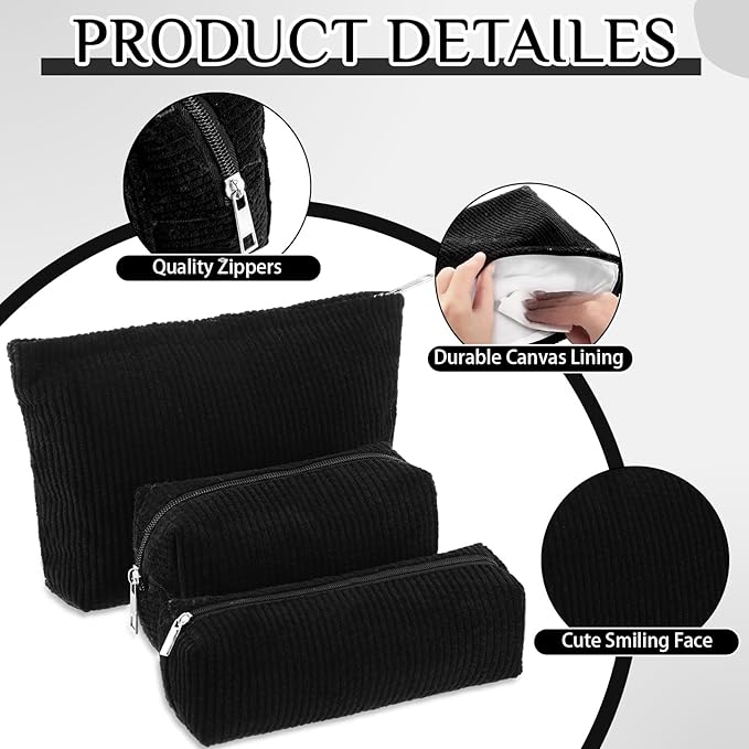 3 Pcs Makeup Bag Set for Women Corduroy Cosmetic Pouch Aesthetic Smile Travel Toiletry Bag Cute Purse Pouch Pencil Case Makeup Brushes Storage Organizer for Christmas(Black,Solid Style)