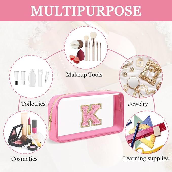 Small Clear Personalized Initial Makeup Bag,Nylon Preppy A-Z Chenille Letter Patch Cosmetic Pouch Beach Toiletry Bag,Waterproof Zipper Travel Purse Storage Bag Organizer for Women Girls(Pink-Pink K)