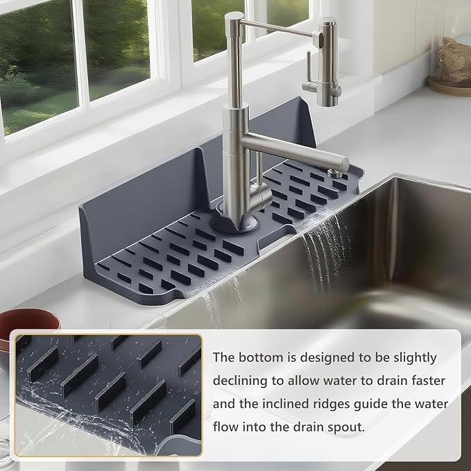 DAECHAO Sink Splash Guard Behind Faucet, Silicone Sink Faucet Drying Mat & Dish Soap Sponge Holder, 17" x 5.5" Silicone Kitchen Sink Auto Drain Organizer (Grey)