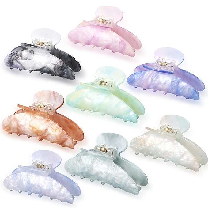 8 Pcs Large Acrylic Hair Claw Clips for Women Non-slip Strong Hold Jaw Clamps for Thick Thin Hair (Marble,Elegant Colors)